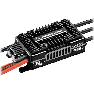 Un régulateur électrique de la marque Hobbywing, modèle Platinum HV 180A. Il présente un design robuste et plusieurs points de connexion.