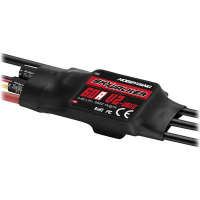 Contrôleur ESC 'Skywalker 60A V2-UBEC' avec câbles pour modèles radiocommandés, présentant des spécifications techniques et le logo de la marque sur une étiquette rouge.