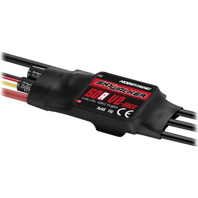 Régulateur de vitesse électronique noir, marqué 'Skywalker 50A V2', avec connexions pour modèles radiocommandés, fils rouges et noirs.