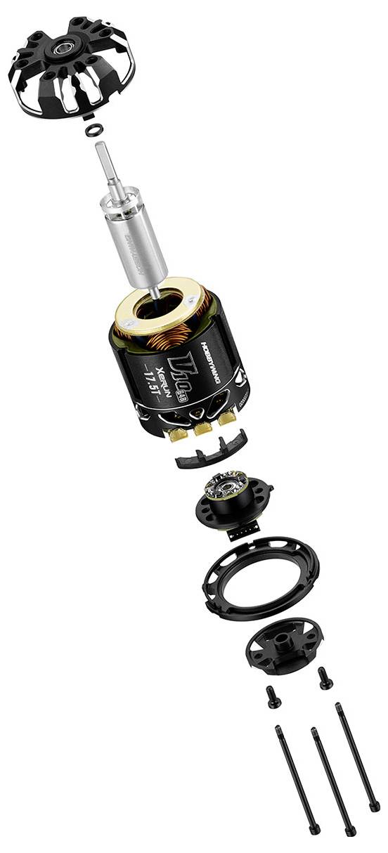 Vue éclatée d'un moteur électrique avec composants visibles tels que le rotor, le stator, les vis et les pièces de boîtier en noir.