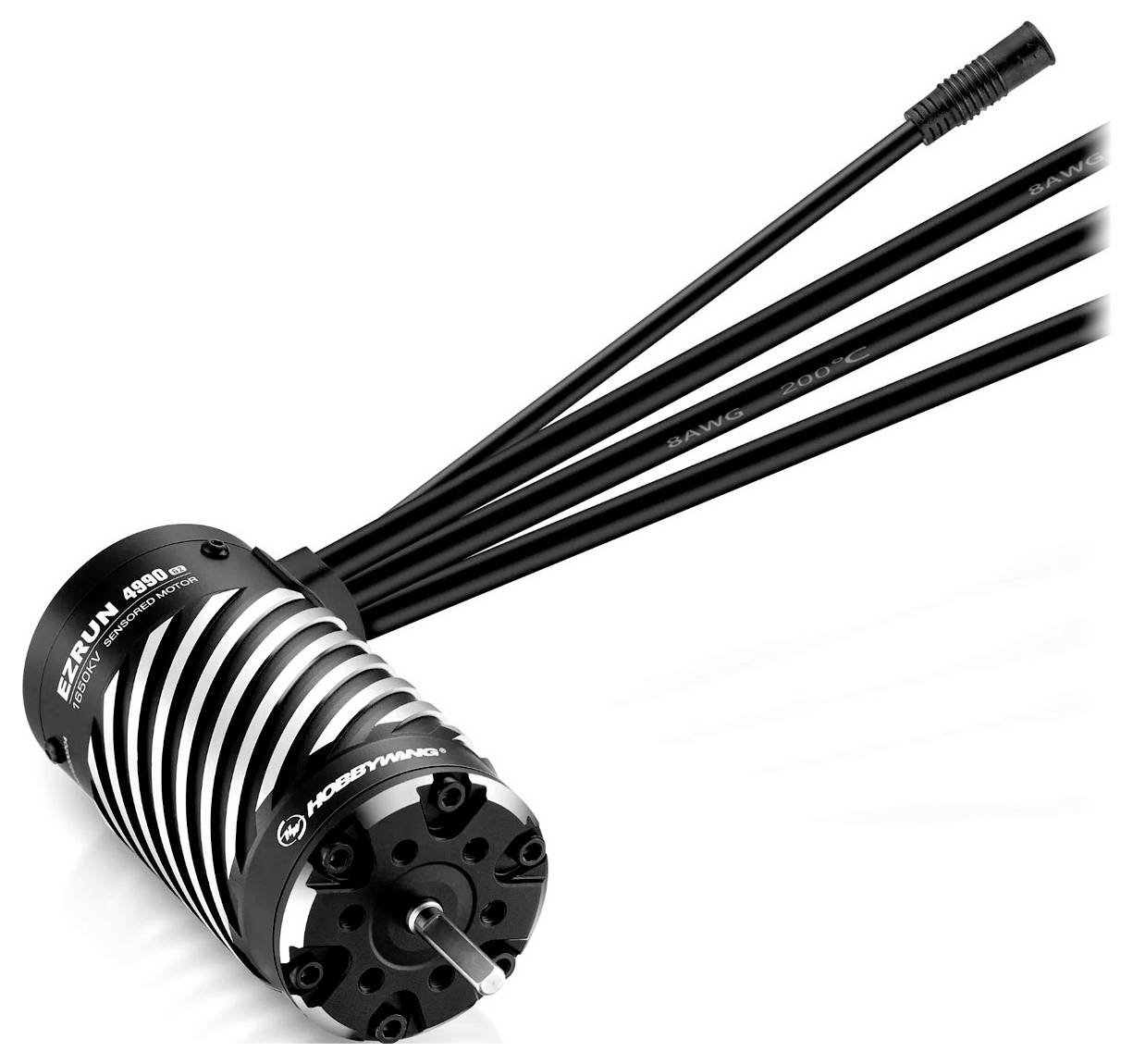 Un moteur électrique noir avec des bandes blanches, portant la désignation de modèle 'EZRUN 4985', équipé de trois longs câbles, est posé en biais.