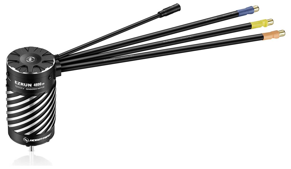 Moteur électrique noir au design spiralé avec trois câbles remarquables en bleu, jaune et orange.