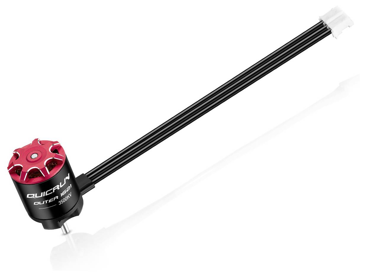 Un petit moteur électrique avec quatre câbles noirs parallèles, portant le nom 'QUICRUN', adapté aux applications de modélisme.
