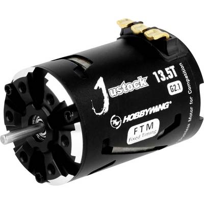 Moteur électrique sans balais de Hobbywing, modèle 'Justock 13.5T G2.1', adapté pour les compétitions. Boîtier noir avec logo de la marque.