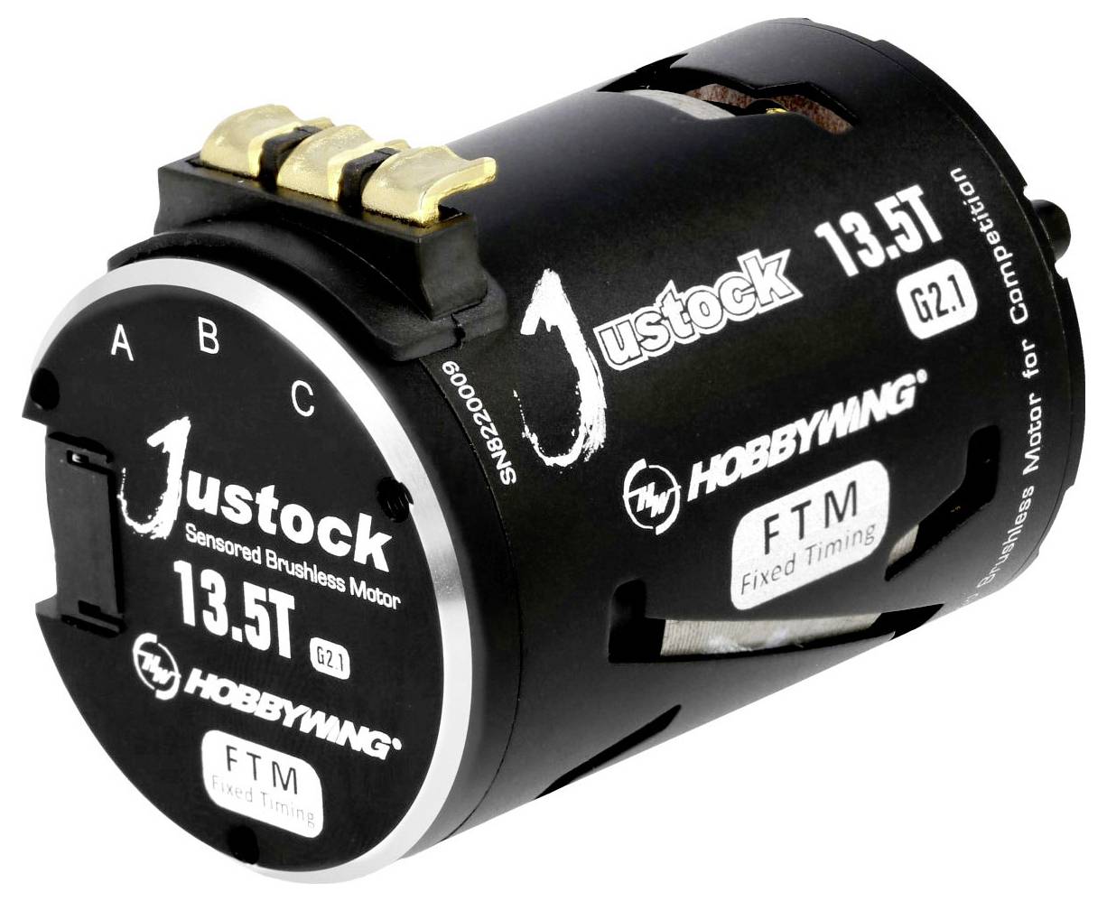 Moteur Brushless Sensored Justock 13.5T de Hobbywing, boîtier noir avec contacts dorés, adapté pour les compétitions.