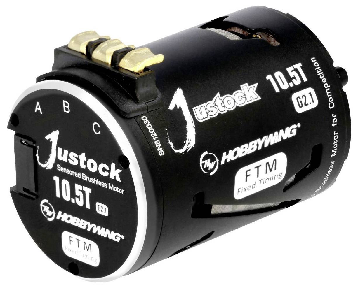 Moteur Brushless 'Justock 10.5T' de Hobbywing avec timing fixe, adapté pour les compétitions.