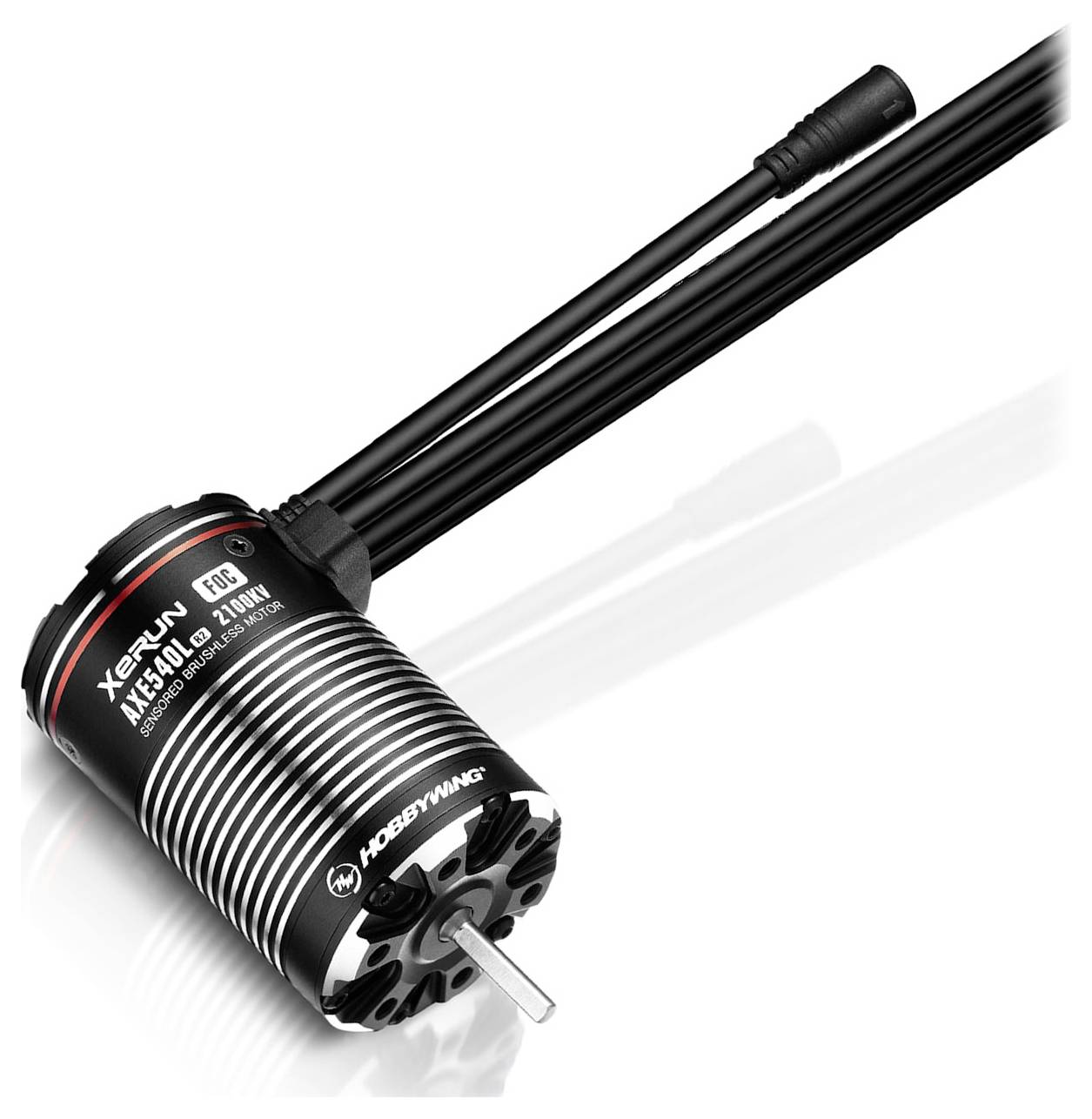 Moteur électrique sans balais de Hobbywing, modèle XeRun AXE 540L R2, argent et noir, avec câbles de connexion. Adapté aux véhicules radiocommandés.
