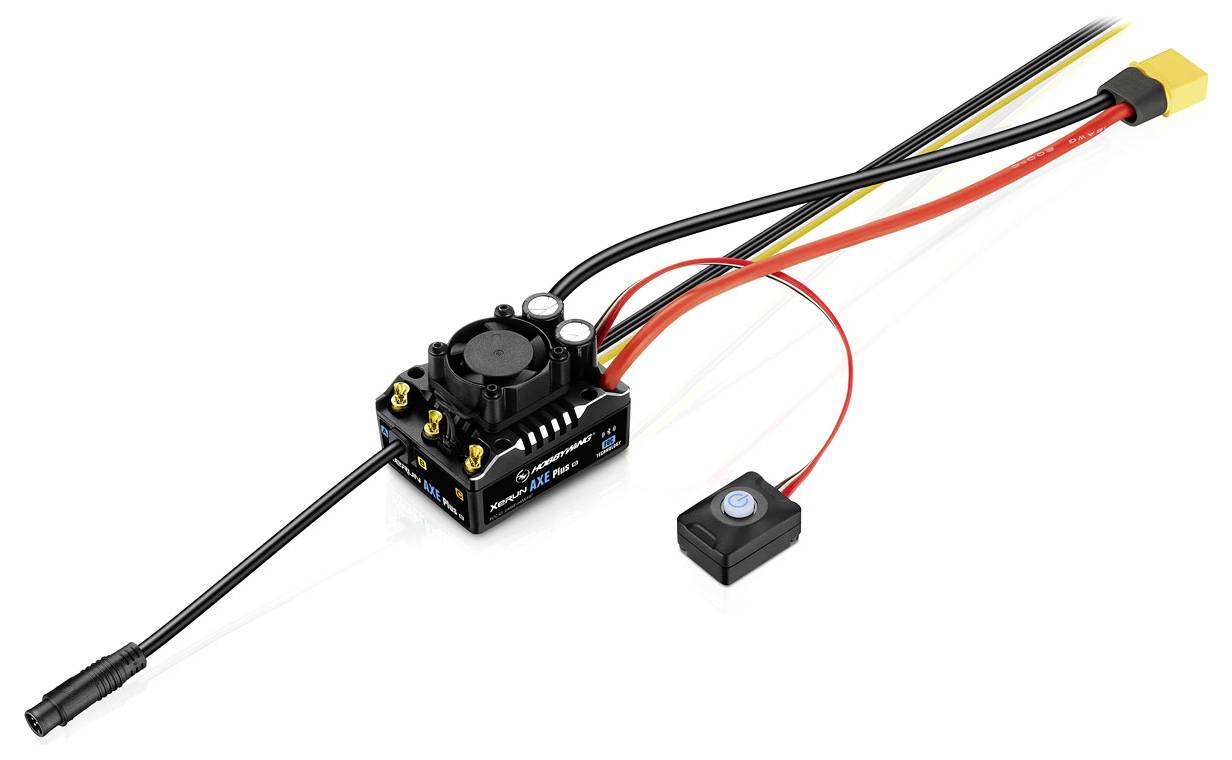 Régulateur électronique de vitesse pour voitures télécommandées, boîtier noir avec câbles et connexions, conception compacte.