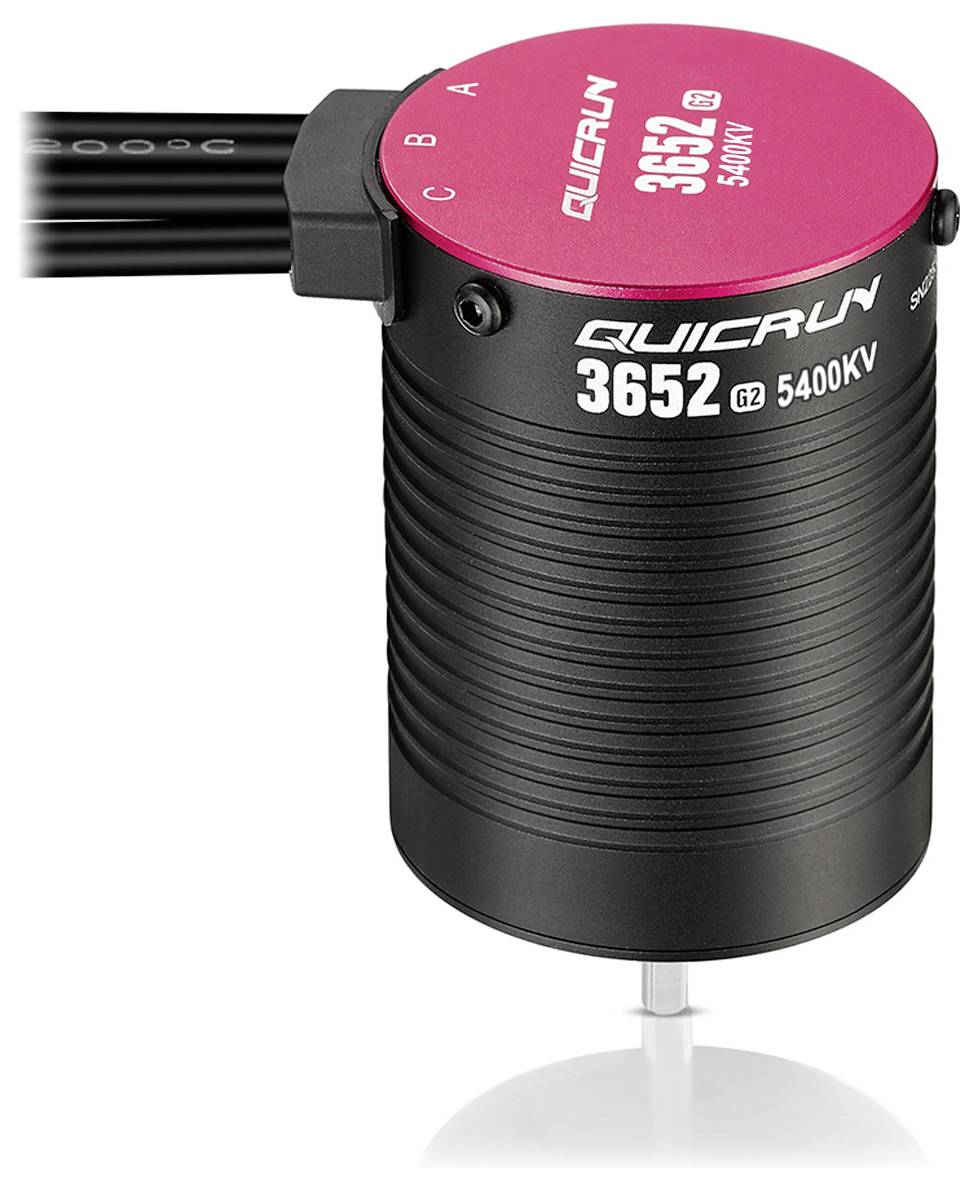 Un moteur électrique noir Quicrun, numéro de modèle 3652 G2 5400KV, avec un couvercle de tête rouge et plusieurs connexions de câbles en haut.