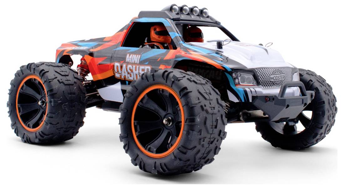 Une voiture télécommandée aux couleurs vives avec de grandes roues tout-terrain et une carrosserie sportive, qui suggère une dynamique et une agilité remarquables.