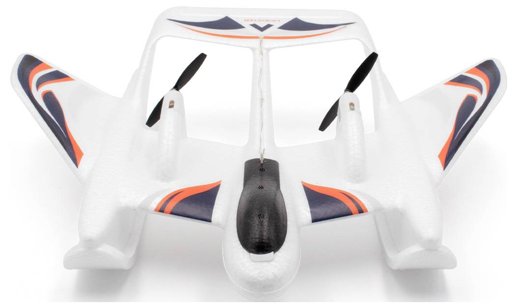 Un avion télécommandé blanc avec deux hélices et des accents bleus et oranges sur les ailes et le fuselage.