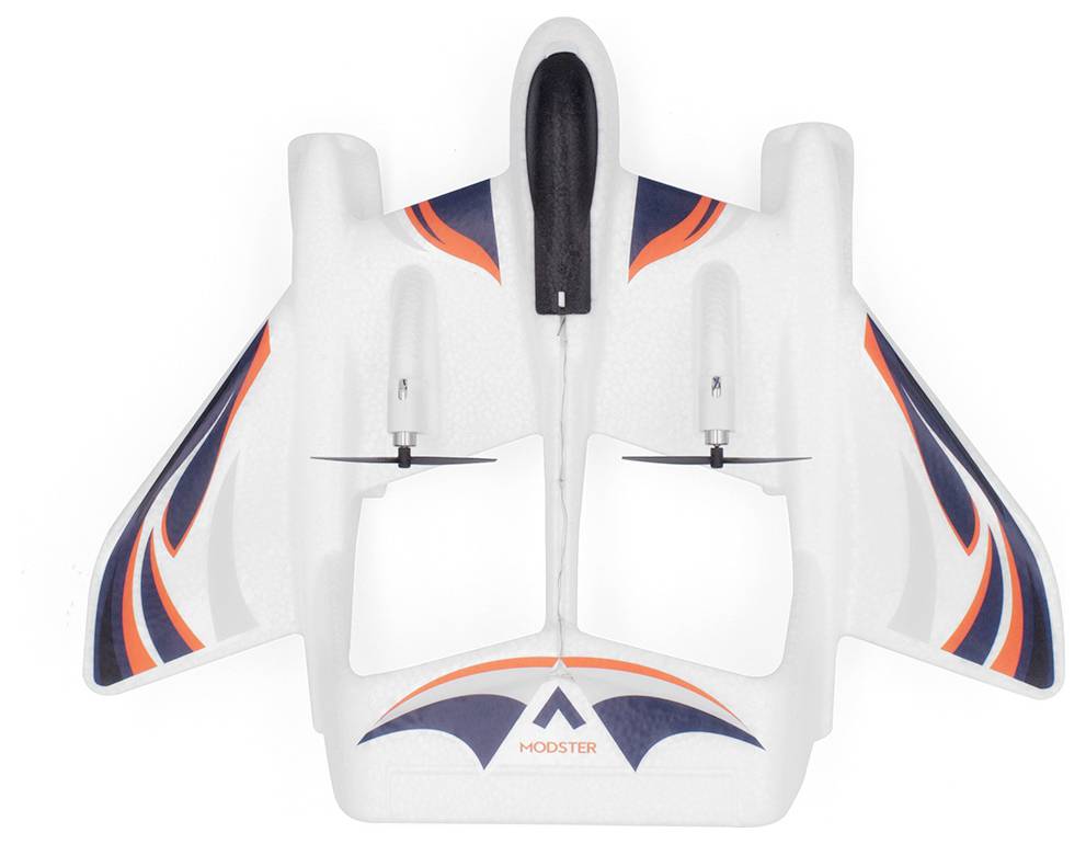 Un avion télécommandé blanc avec des accents noirs et oranges, servant de jouet ou de modèle réduit d'avion.