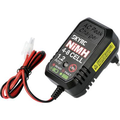 Un chargeur noir pour batteries NiMH de SKYRC, adapté pour 4-8 cellules, 1,2 ampère, avec des câbles rouges et noirs et une fiche blanche.