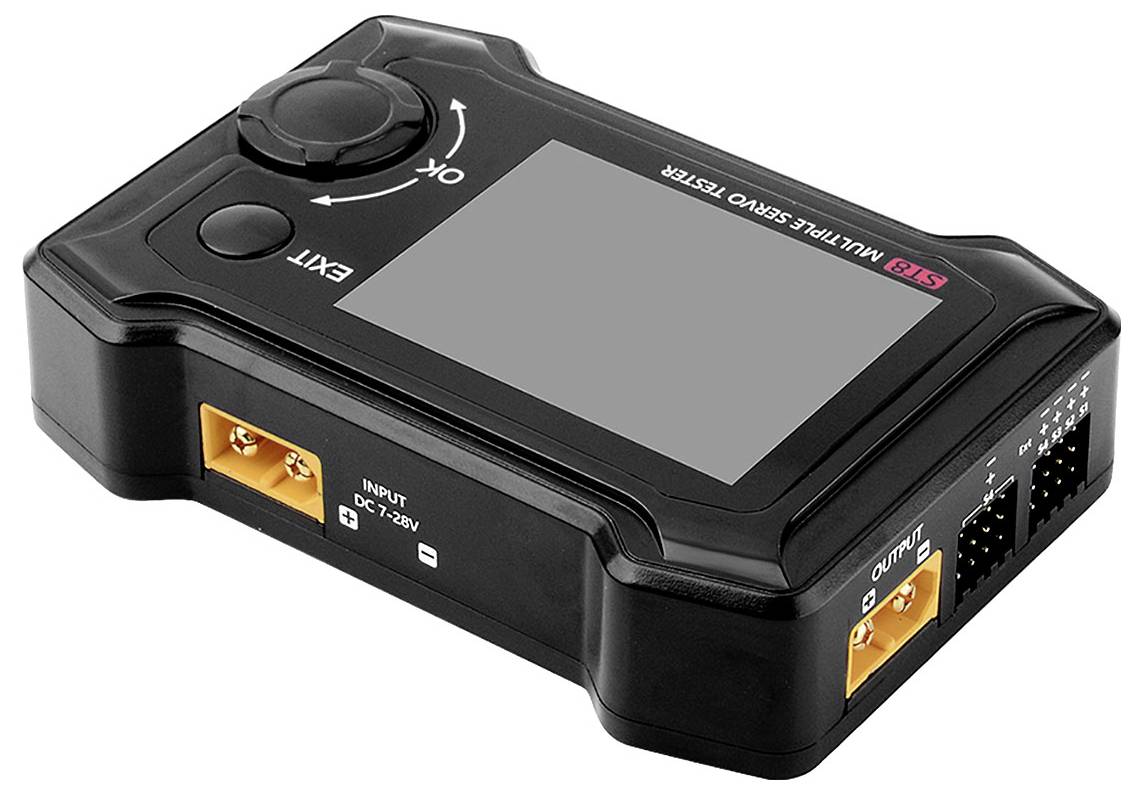 Un dispositif multifonctionnel de test de servomoteurs RC avec écran LCD, bouton de réglage et connexions d'entrée/sortie pour le contrôle des servomoteurs.