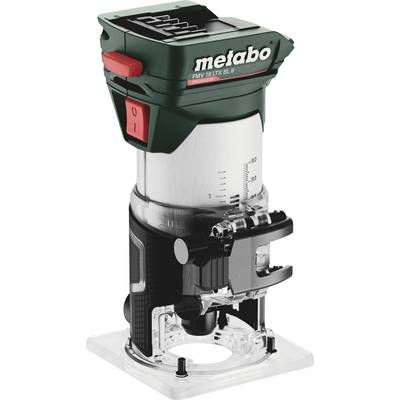 Défonceuse de Metabo, modèle FMV 18 LTX BL Affleureuse, avec interrupteur rouge et échelle de mesure sur le côté.