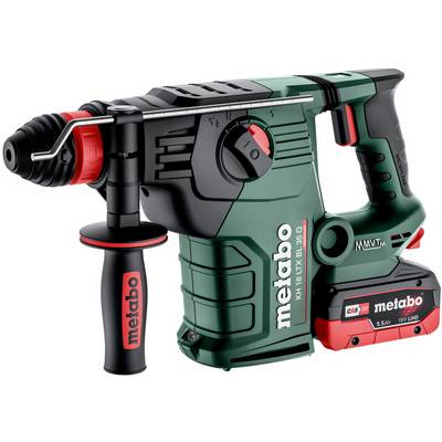 Perceuse-marteau rotative sans fil Metabo avec poignée latérale et batterie, présentée de profil sur un fond blanc.