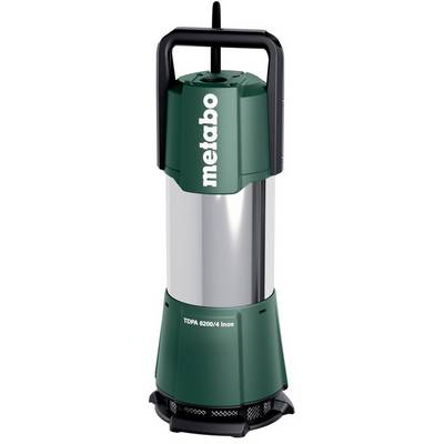 Pompe submersible pour l'eau en acier inoxydable Metabo avec poignée et câble d'alimentation, portant l'étiquette « TDPA 6200/4 Inox » sur le corps.