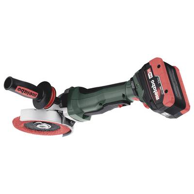 Une meuleuse d'angle Metabo à batterie verte et rouge, dotée d'une poignée robuste et d'un disque de meulage rouge, adaptée pour la coupe et le meulage précis.
