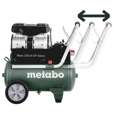 Compresseur Metabo vert avec moteur noir et poignées de maintien argentées. Une flèche indique un mouvement horizontal.