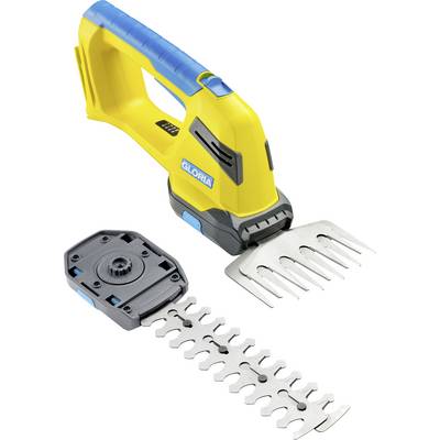 Un appareil de jardin jaune à batterie avec des accents bleus, équipé d'un adaptateur de lame interchangeable et d'un sécateur.