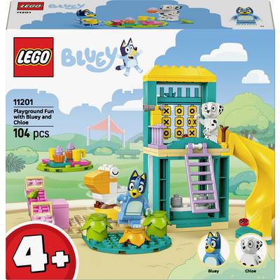 Ensemble 'Lego Bluey Jeux de Playground' pour enfants de 4 ans et plus, comprenant des figurines de Bluey et Chloe, un toboggan de playground et une cabane dans les arbres. 104 pièces incluses.