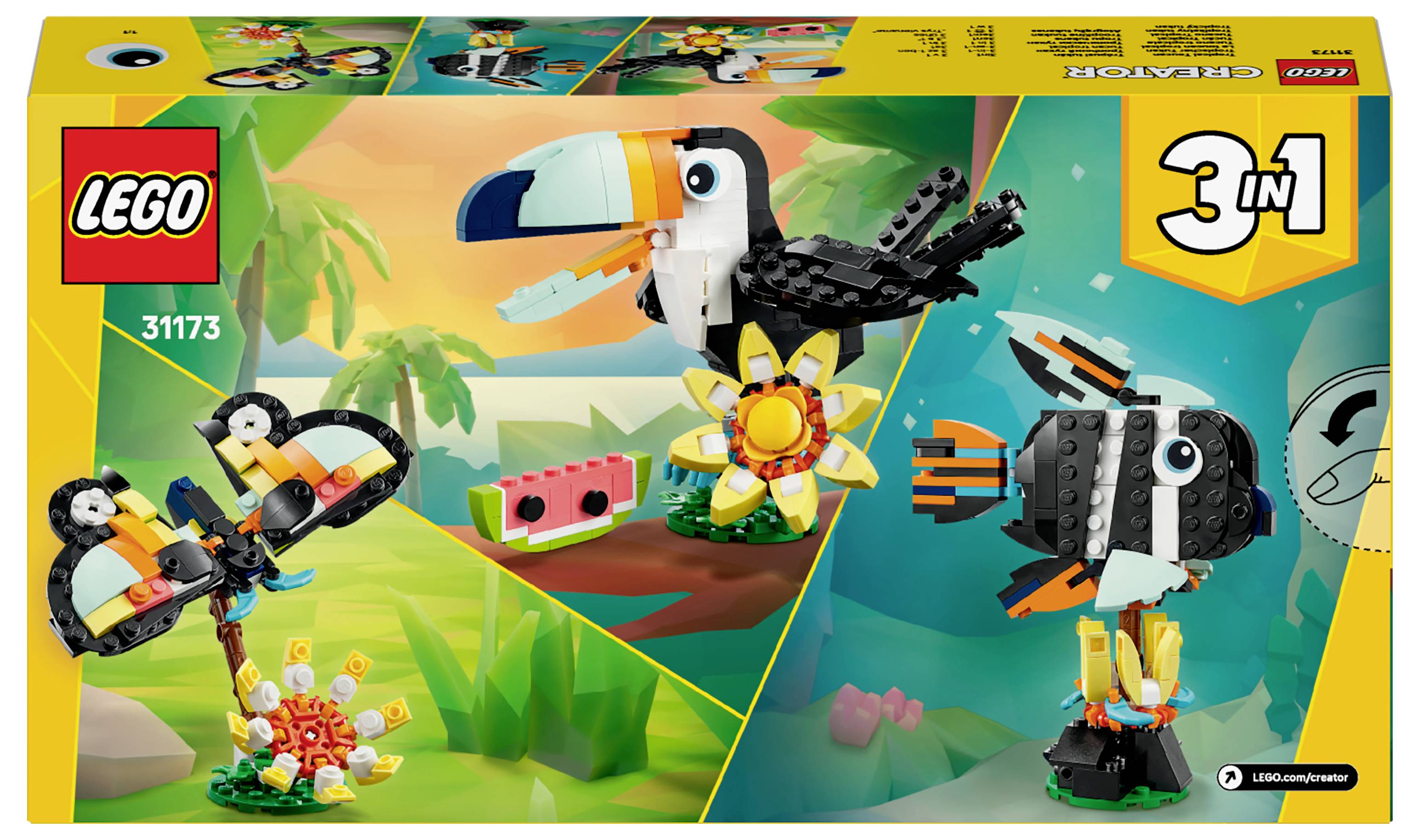 Ensemble LEGO Creator 3 en 1 représentant un toucan, un poisson et des modèles de perroquet, situé dans un environnement tropical avec des éléments lumineux et colorés.
