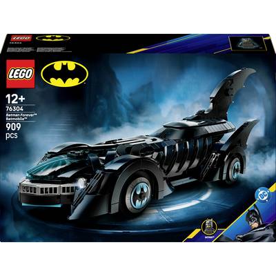 Ensemble Lego 76304 Batmobile de Batman Forever pour les 12 ans et plus, comprenant 909 pièces. L'image présente le modèle de Batmobile avec des éléments graphiques de Batman.