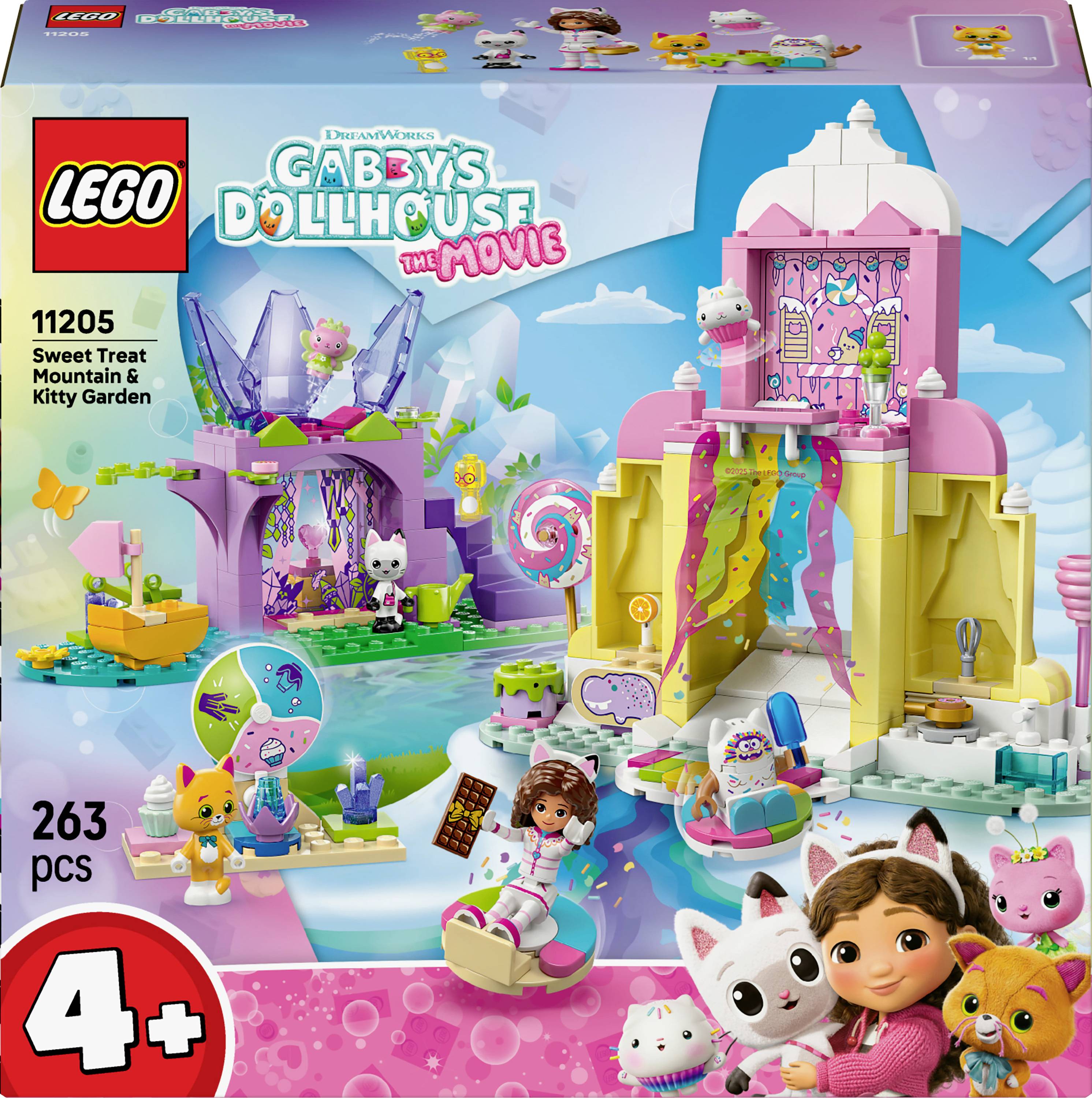 Ensemble LEGO sur le thème de la 'Maison de poupée de Gabby', comprenant une montagne colorée et un jardin de chaton, pour les enfants de 4 ans et plus, numéro de set 11205.