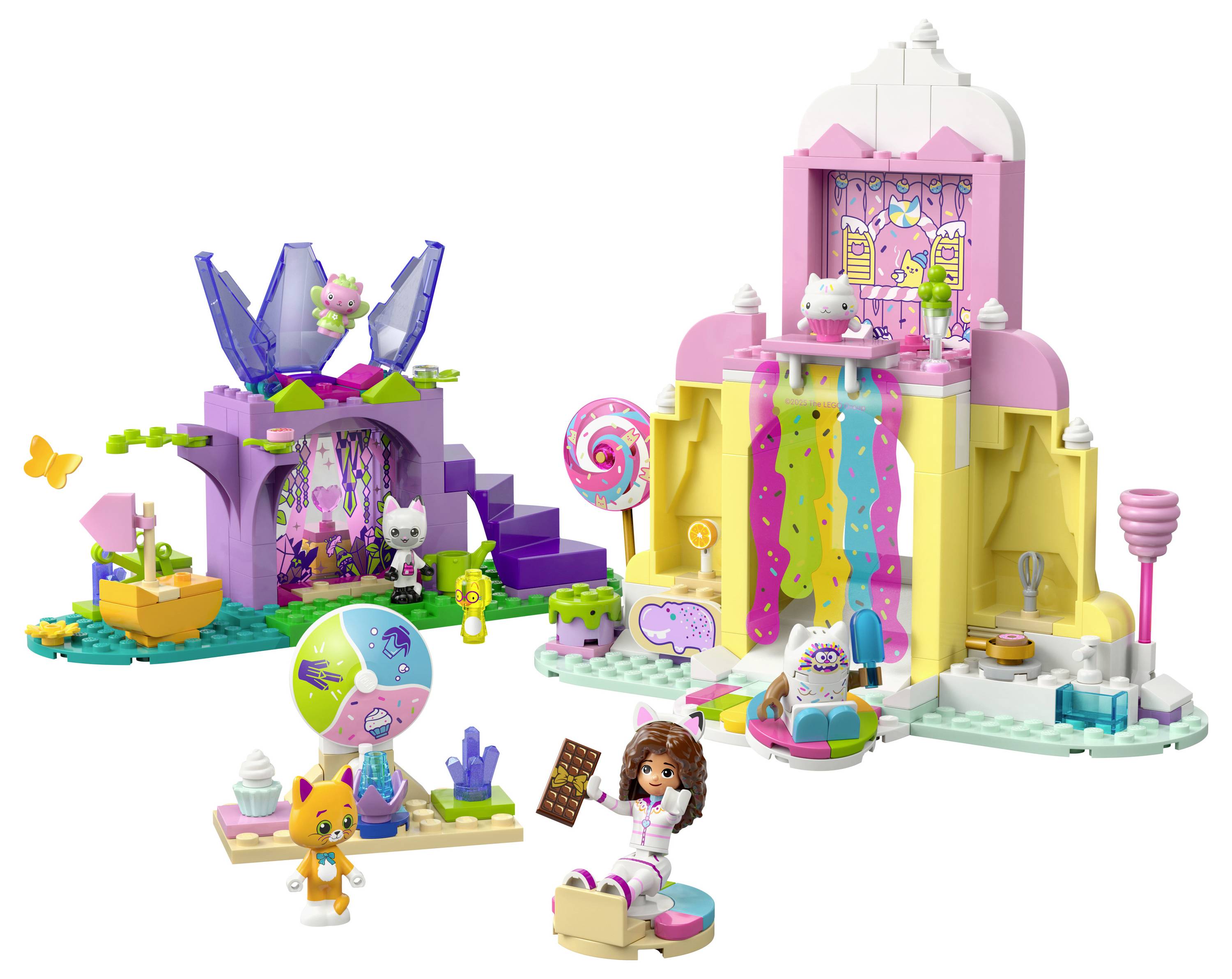 Ensemble de jouets comprenant des bâtiments colorés avec des personnages, des animaux et des accessoires, incluant une cascade sur le thème des bonbons et des décorations ludiques.