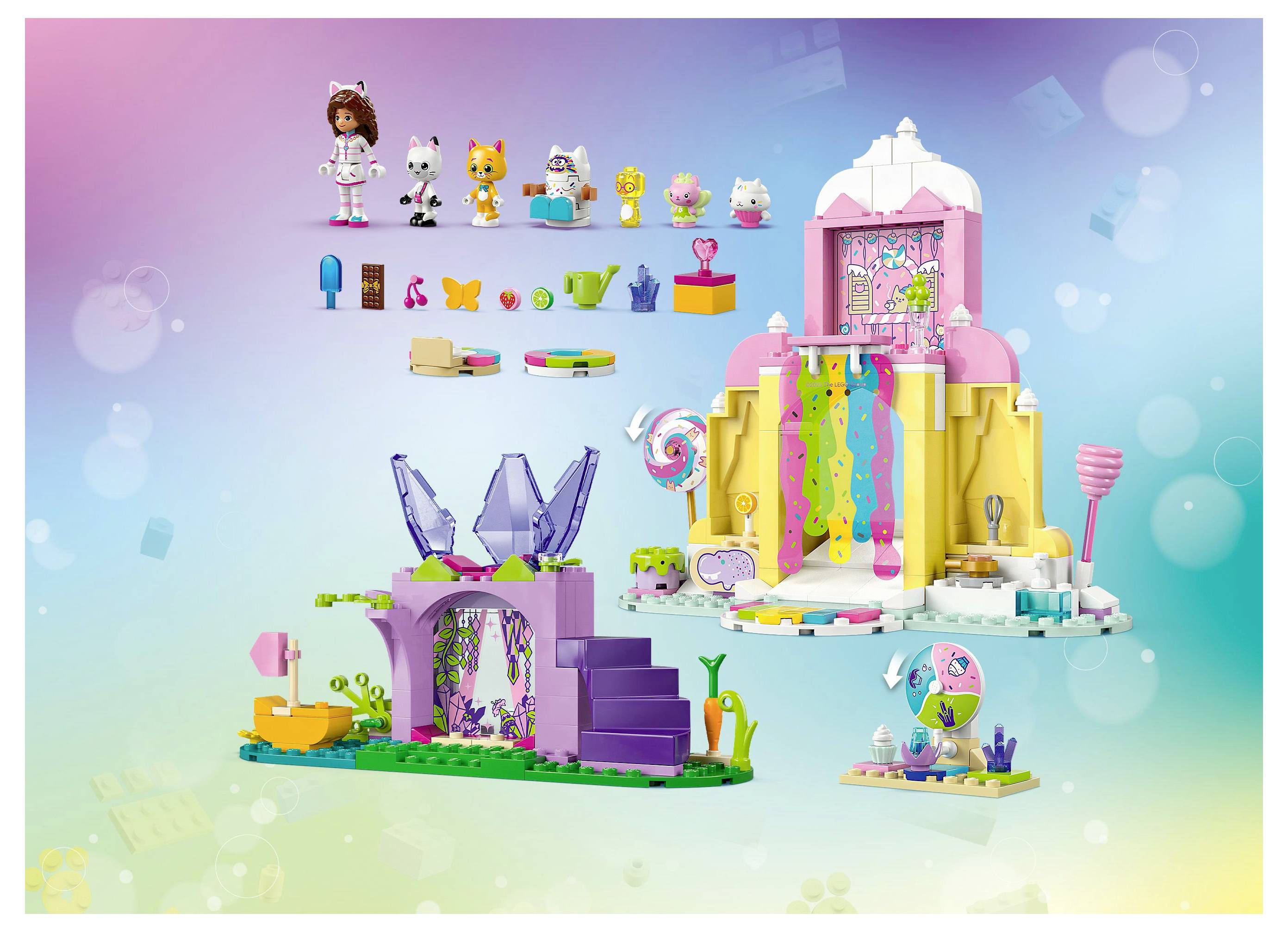 Ensemble de construction de jouets coloré comprenant des pièces de blocs, des figurines de personnages et des décors de fond vibrants présentant des éléments architecturaux fantaisistes.