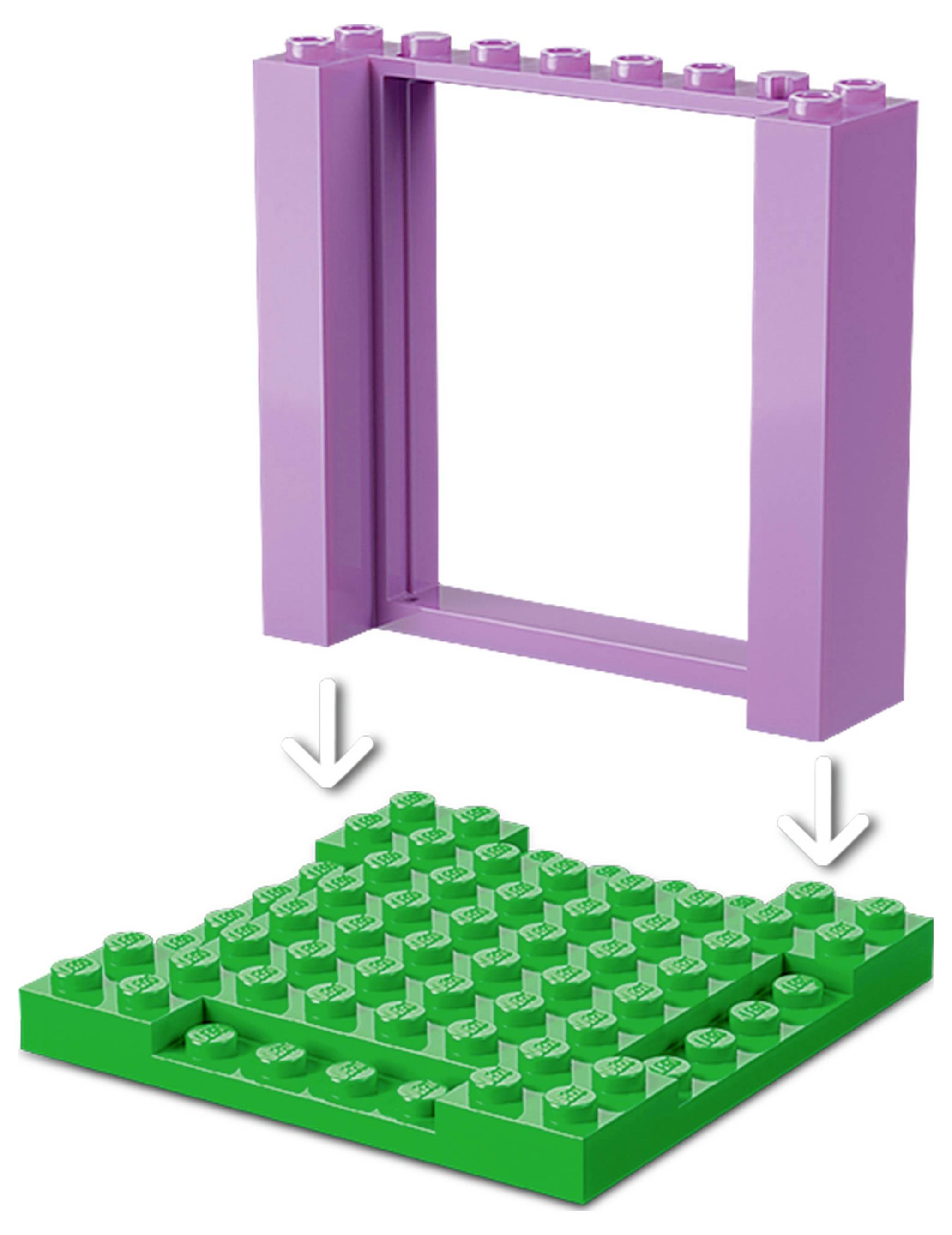 Un cadre LEGO violet est positionné au-dessus d'une plaque de base LEGO verte, avec des flèches blanches indiquant le placement du cadre sur la plaque de base.