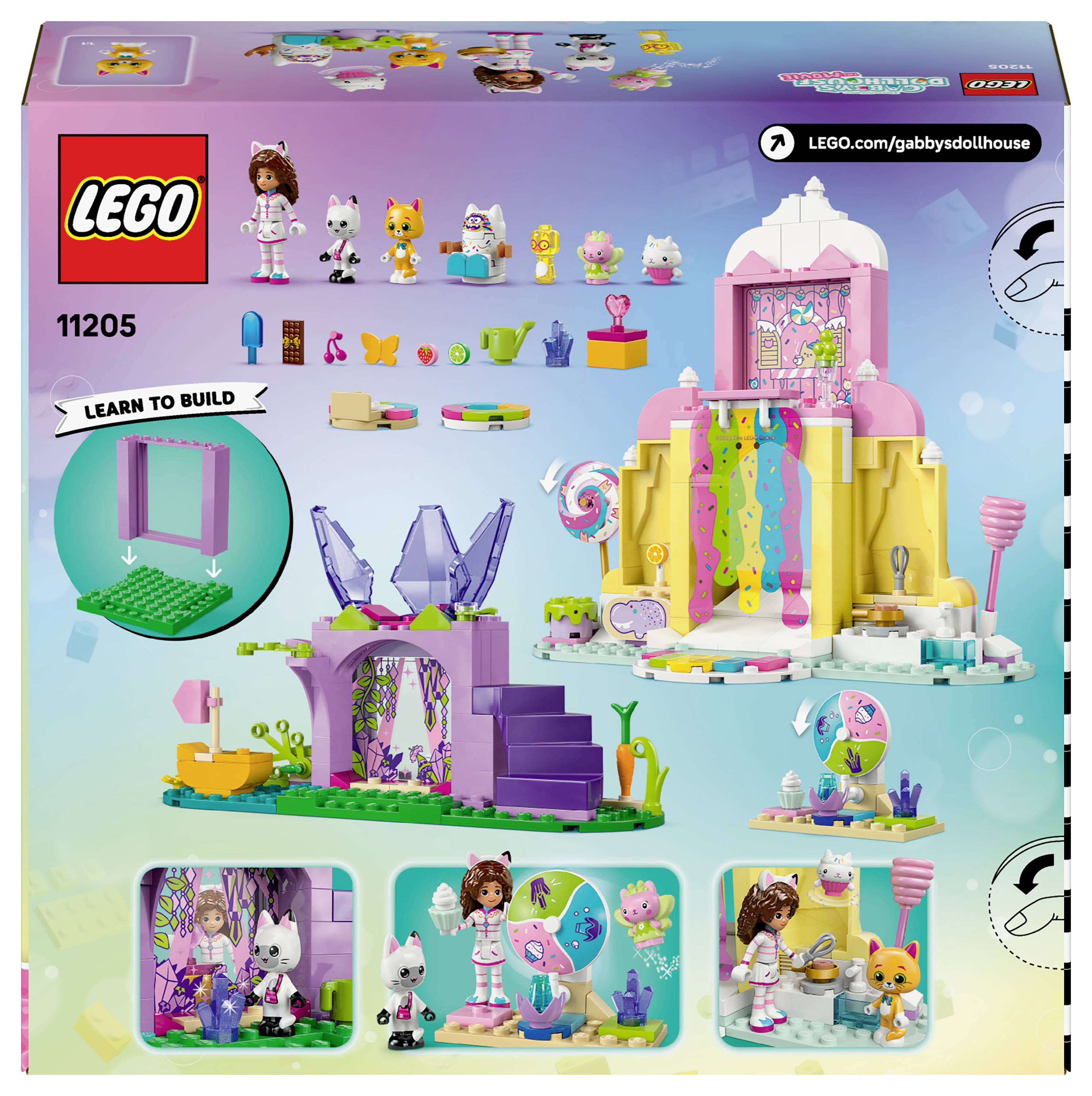 Ensemble LEGO comprenant des éléments de maison de poupée colorés, des figurines d'animaux et des scènes ludiques. Étiqueté 'Apprendre à Construire', numéro de set 11205.