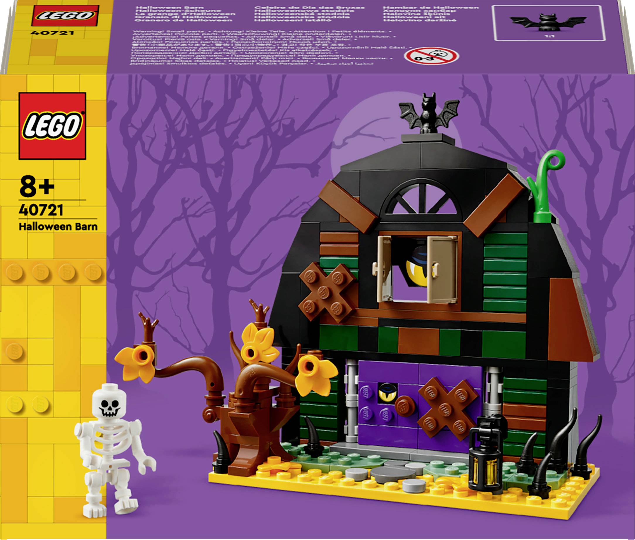 Un ensemble LEGO sur le thème d'Halloween représentant une petite grange décorée de façon effrayante avec une figurine de squelette, recommandé pour les enfants de 8 ans et plus.