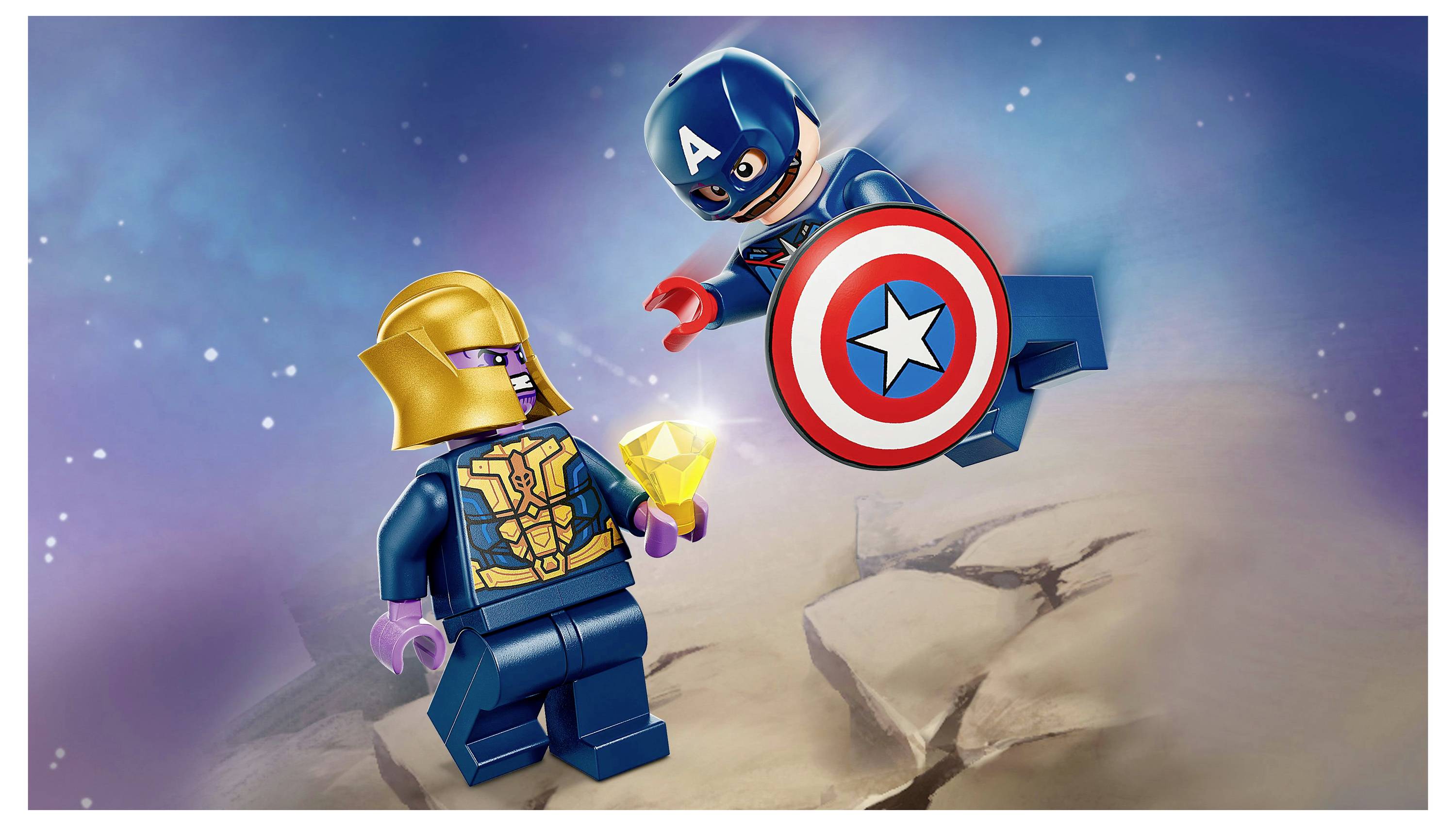 Un Captain America LEGO balance un bouclier vers un Thanos LEGO, qui tient un gemme jaune, sur un fond rocheux et cosmique.