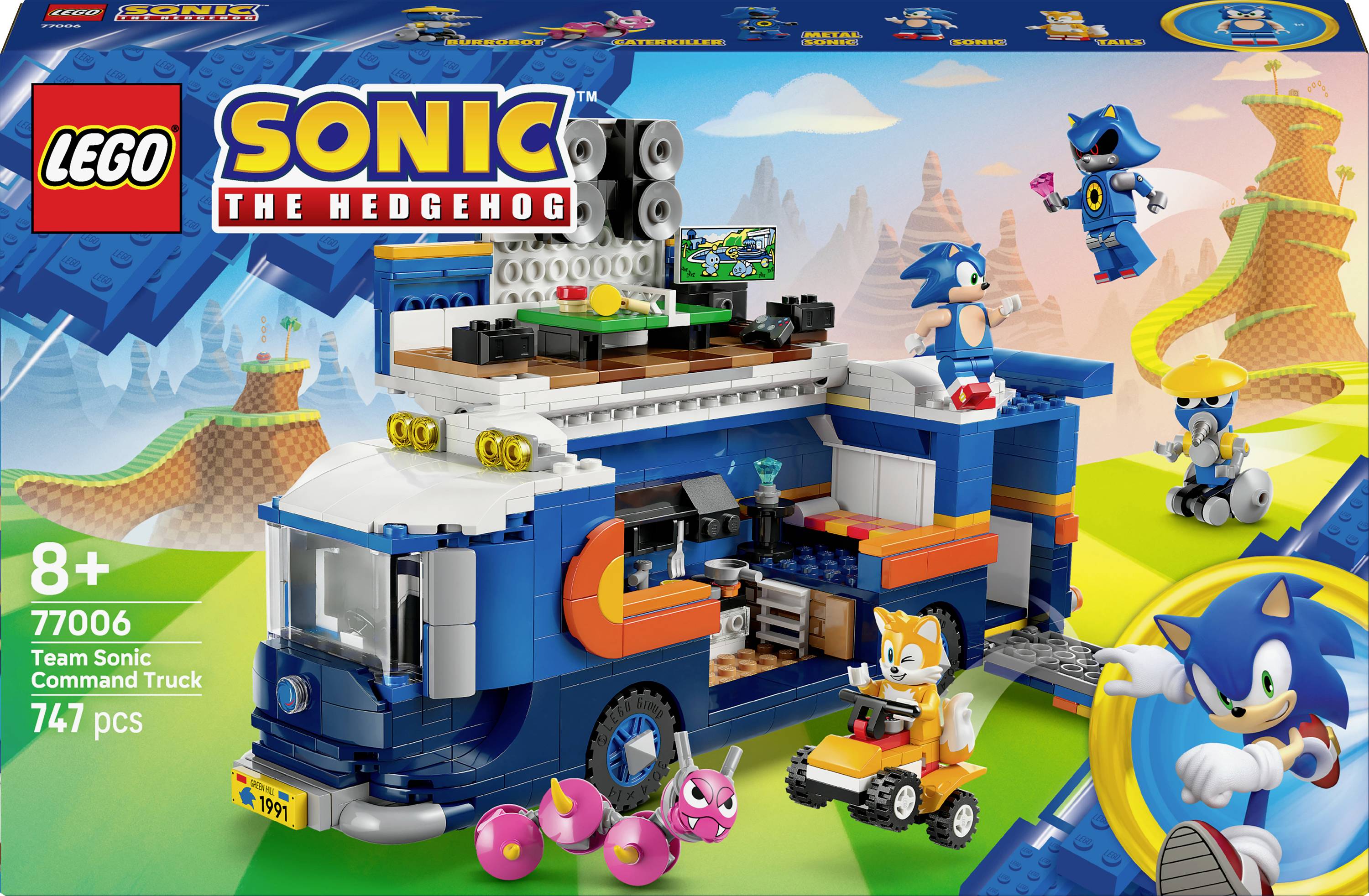 Ensemble LEGO 'Camion de Commandement de l'Équipe Sonic' avec Sonic le Hérisson, Tails, et des véhicules. Adapté aux enfants de 8 ans et plus, comprenant 747 pièces.