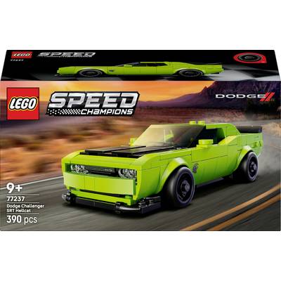 Boîte 'Lego Speed Champions Dodge Challenger SRT Hellcat' présentant un modèle de voiture vert citron sur une route. Pour les 9 ans et plus, 390 pièces.
