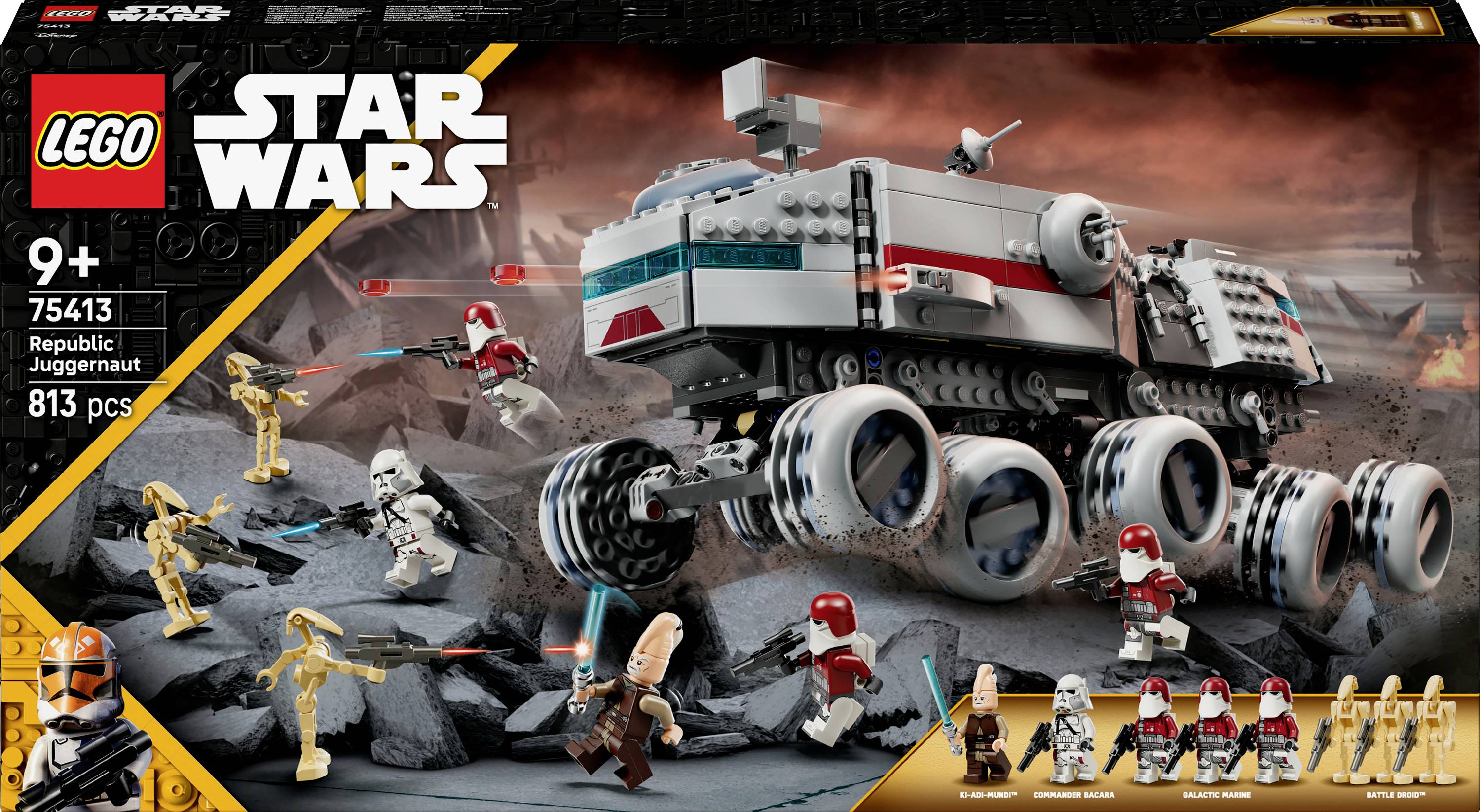 'Ensemble LEGO Star Wars Juggernaut de la République pour enfants de 9 ans et plus, comprenant 813 pièces. Inclut un modèle de véhicule détaillé et sept figurines dans une scène d'action.'