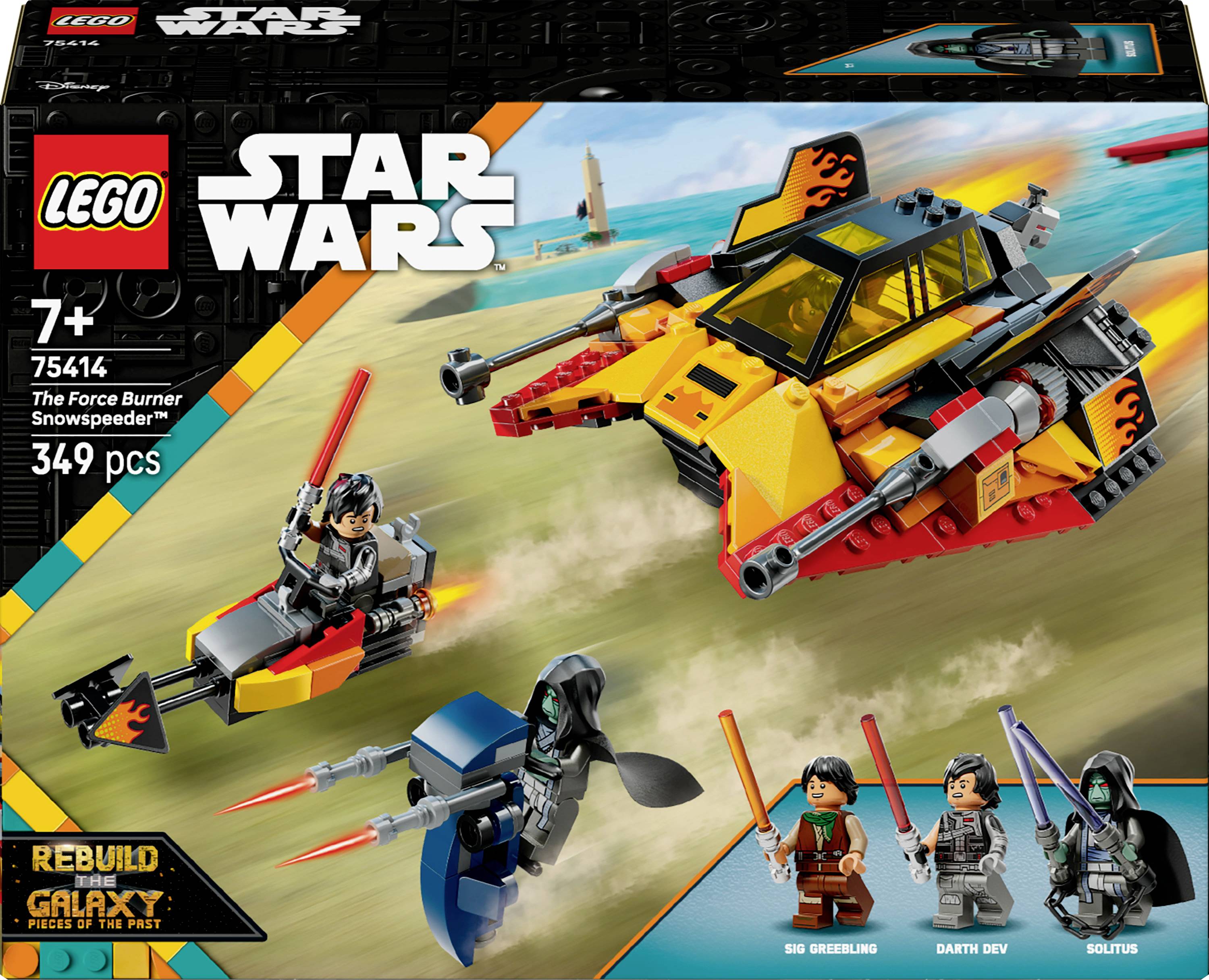 Le set LEGO Star Wars « Le Snowspeeder de Force Burner » comprend un vaisseau spatial, des mini-figurines équipées de sabres laser, et des composants adaptés aux enfants de 7 ans et plus.