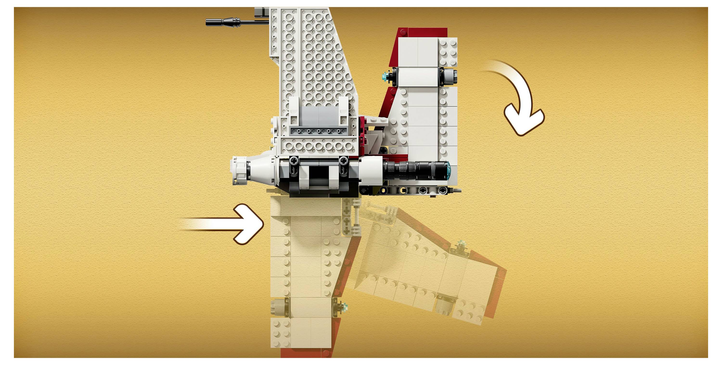 Un ensemble LEGO en mouvement sur un fond jaune, montrant un mécanisme de rotation des pièces avec des flèches indiquant la direction du mouvement.