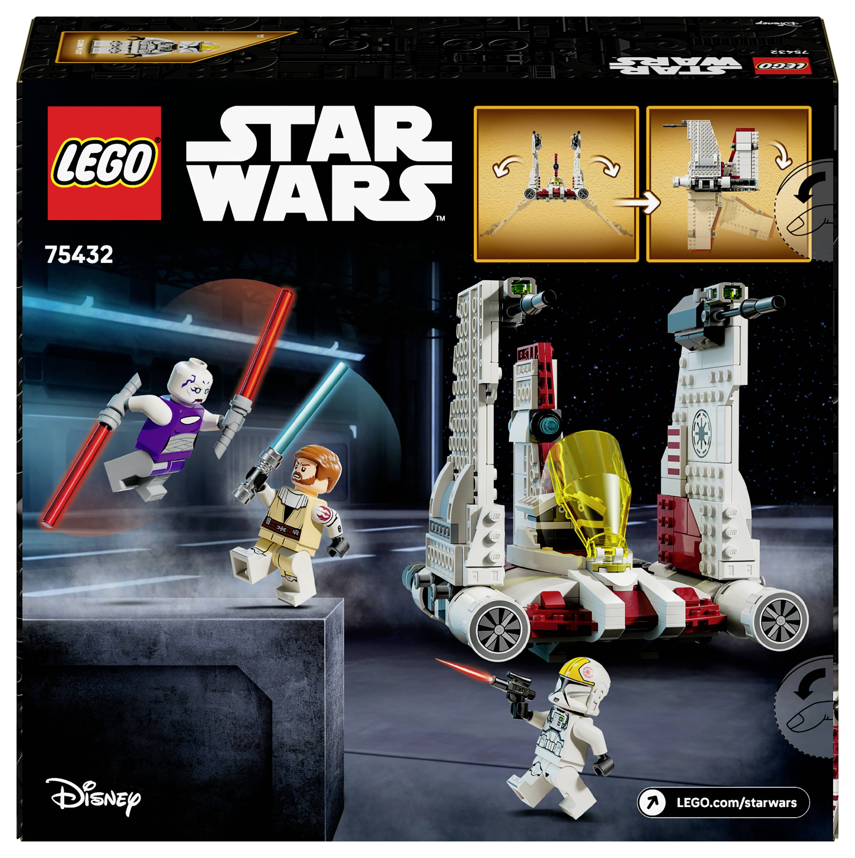 Ensemble LEGO sur le thème de 'Star Wars', représentant des personnages en plein combat. Comprend un véhicule à construire, un duel au sabre laser et des mini-figurines.