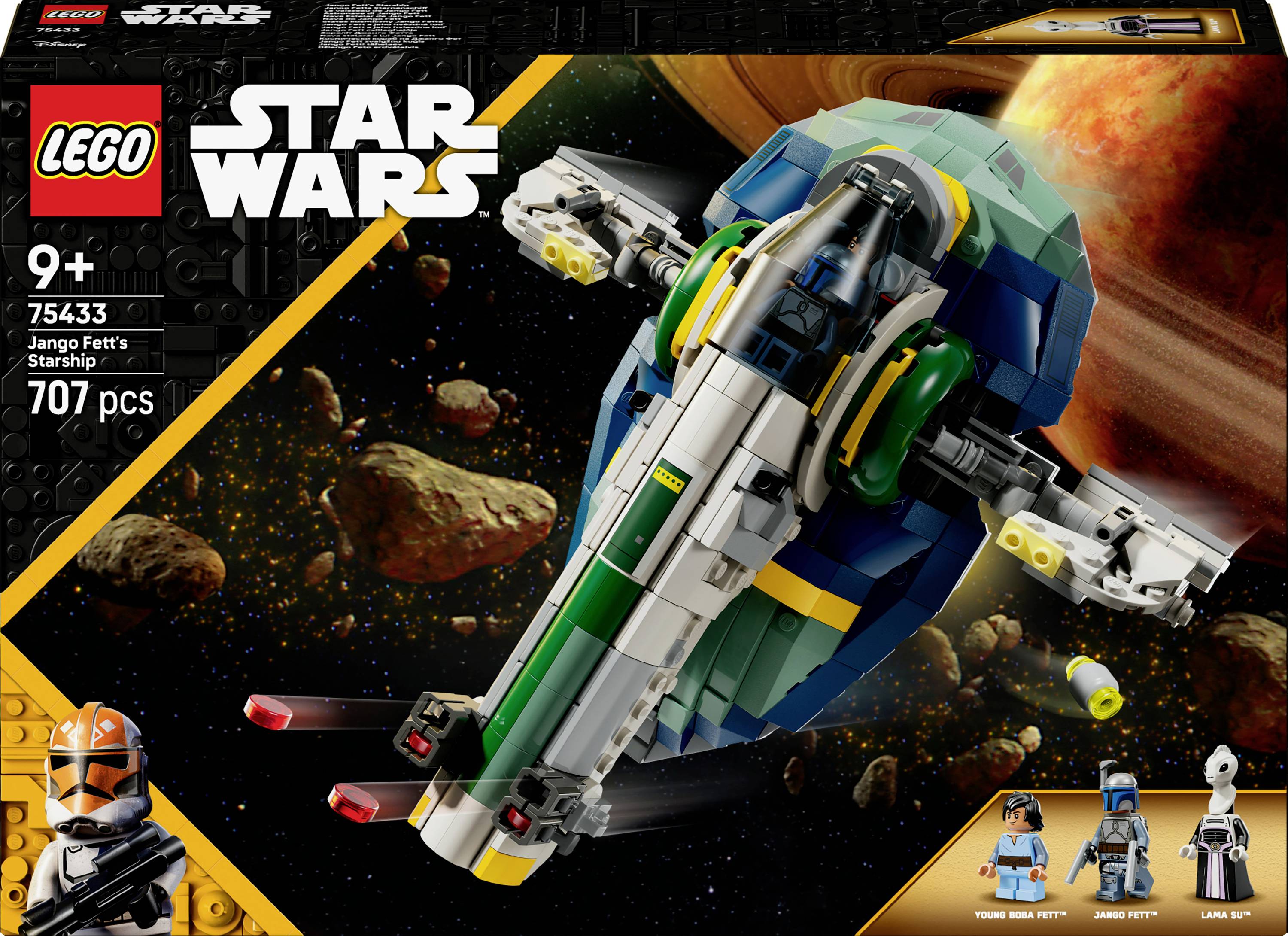 Ensemble 'Lego Star Wars : Le Vaisseau Spatial de Jango Fett' pour les enfants de 9 ans et plus. Comprend 707 pièces et trois mini-figurines : Boba Fett jeune, Jango Fett et un Droïde Mobile.