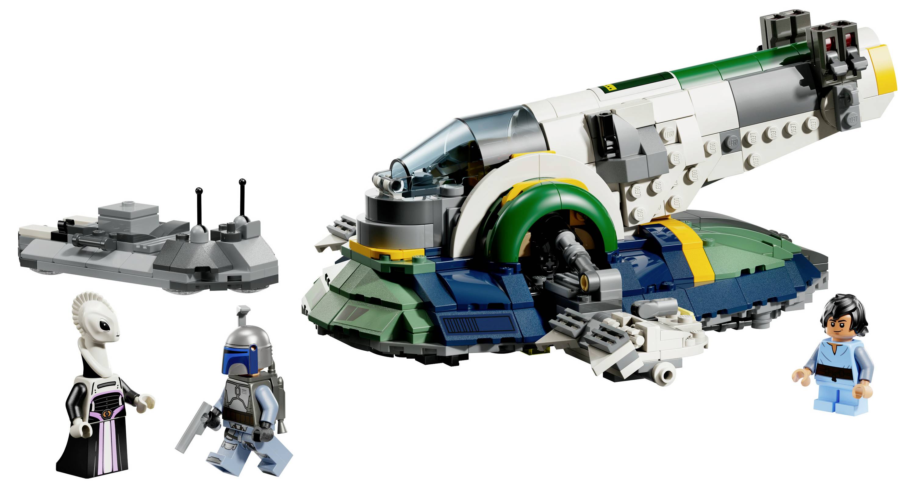 Ensemble LEGO comprenant un vaisseau spatial avec un cockpit rotatif, trois figurines dont une figure portant un casque, et un petit vaisseau spatial gris.