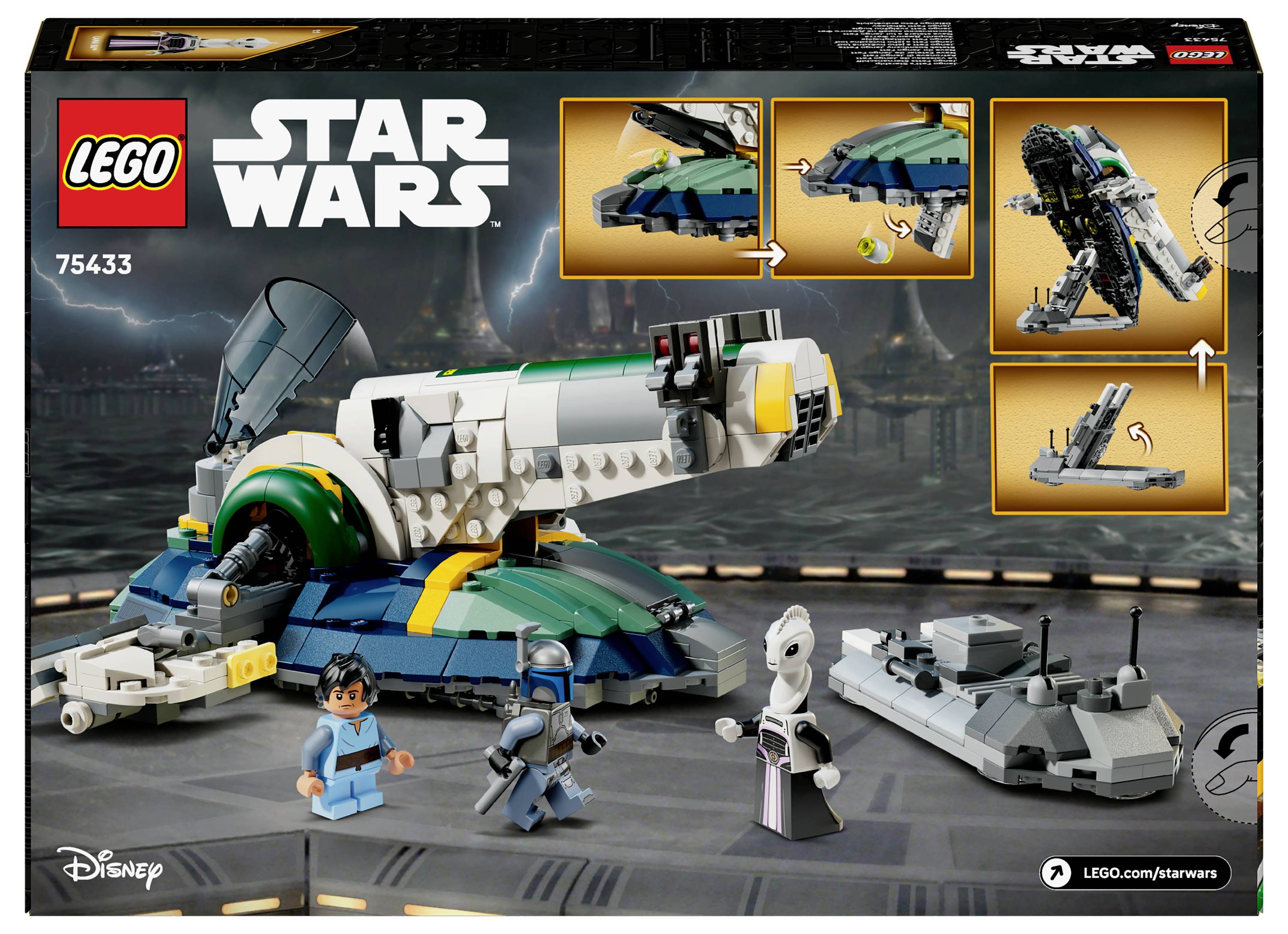 Ensemble LEGO Star Wars comprenant un vaisseau spatial avec trois mini-figurines. La boîte contient des images détaillant les caractéristiques du vaisseau et ses accessoires.