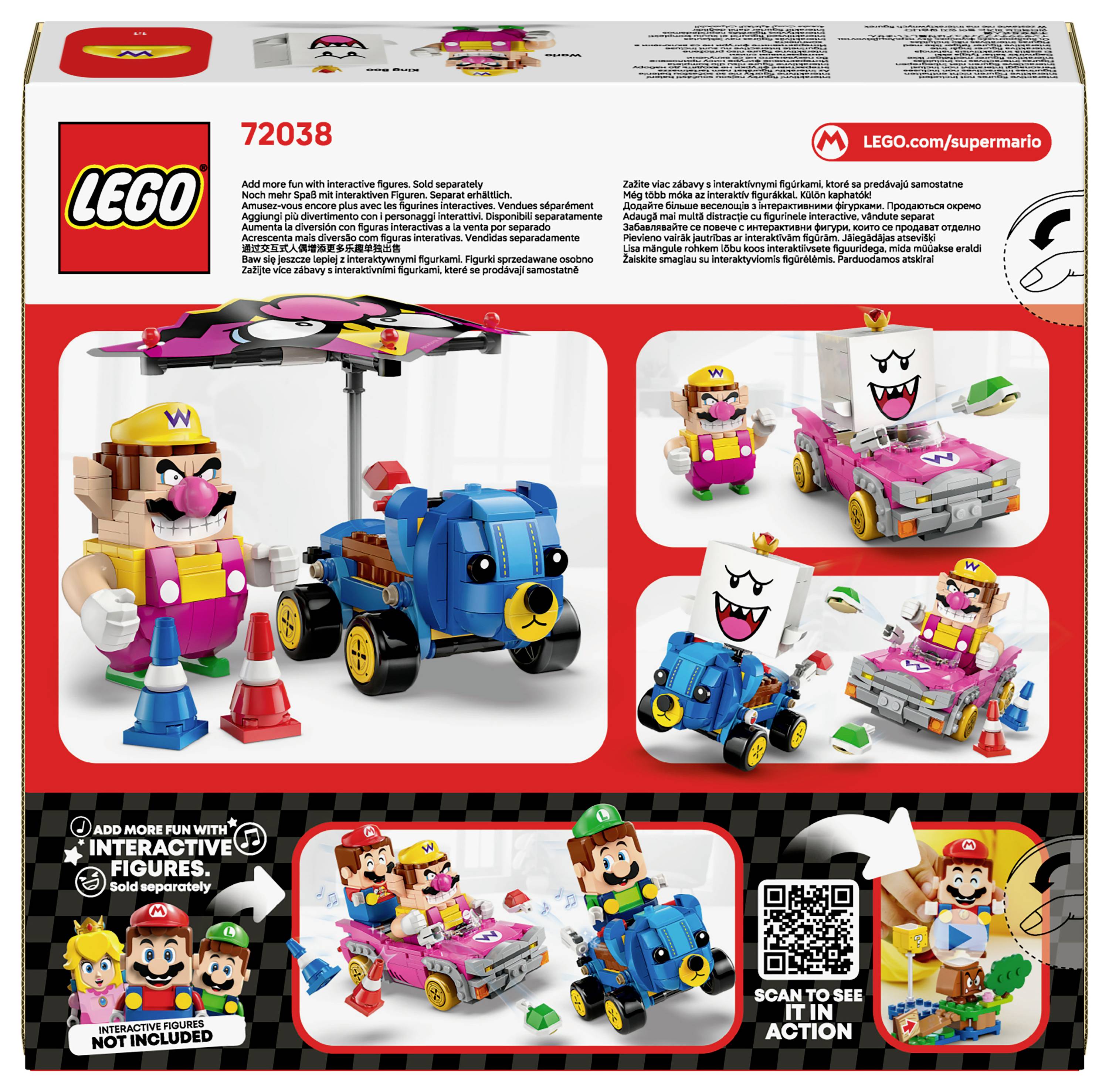 L'image présente un ensemble LEGO Super Mario, comprenant des figurines de Wario et du Roi Boo avec des véhicules. La boîte met également en avant des fonctionnalités de jeu interactives.
