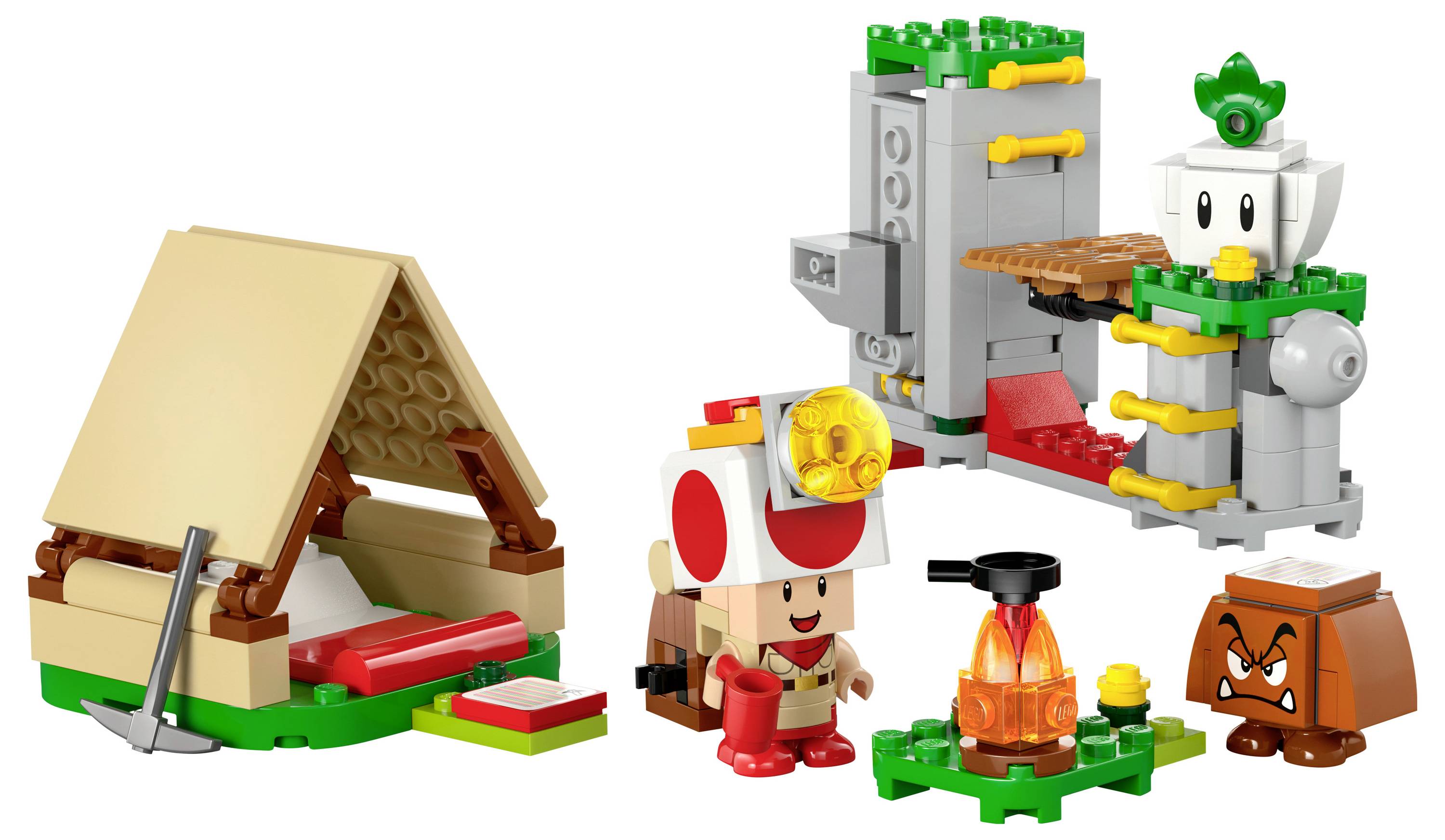 'Ensemble Lego Super Mario avec figurine de Toad, tente, feu de camp et éléments d'environnement constructibles pour un jeu imaginatif.'