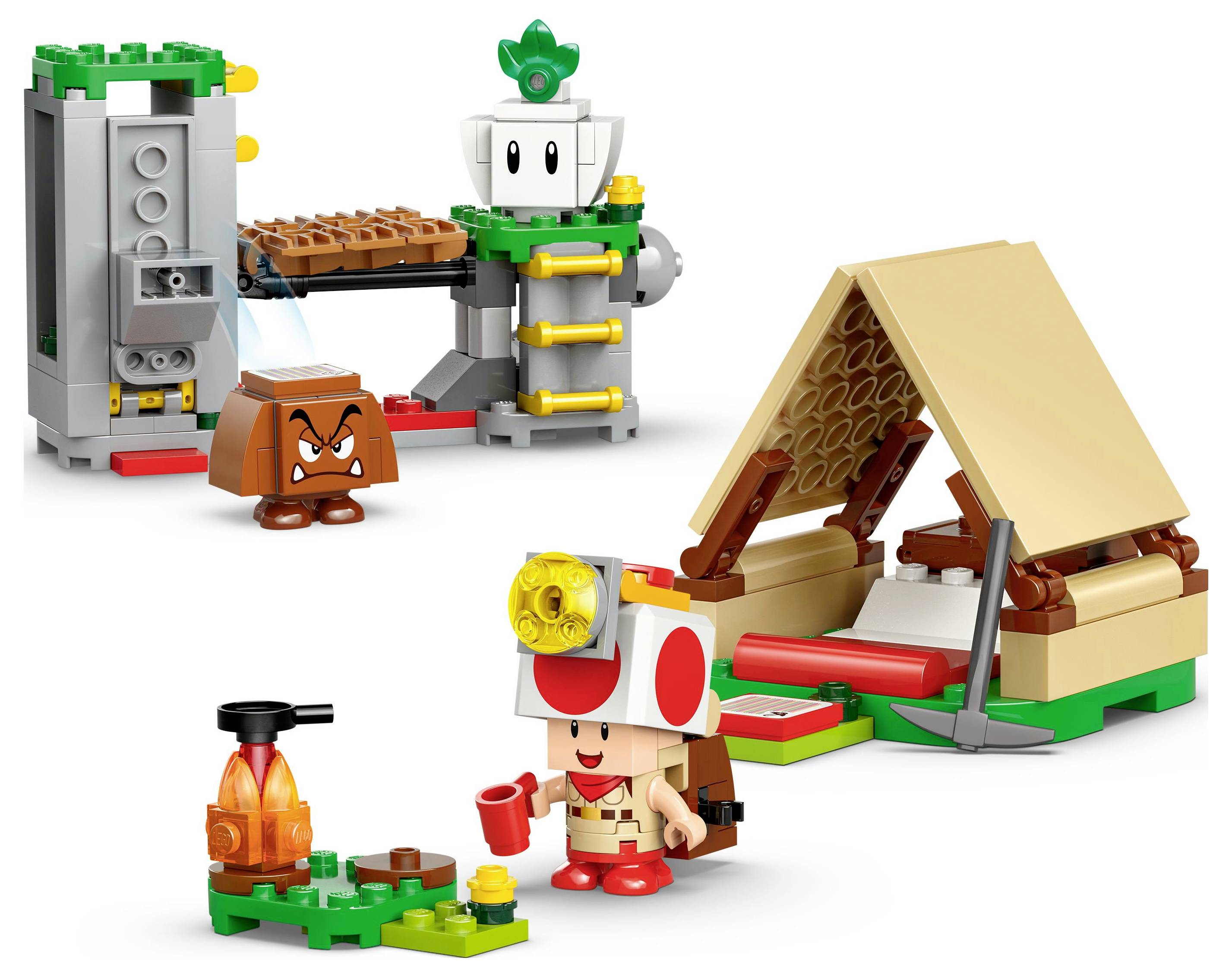 Ensemble Lego présentant un personnage avec un sac à dos et une tente, une figurine de Goomba, et une scène d'aventure avec des éléments de cuisine et d'exploration.