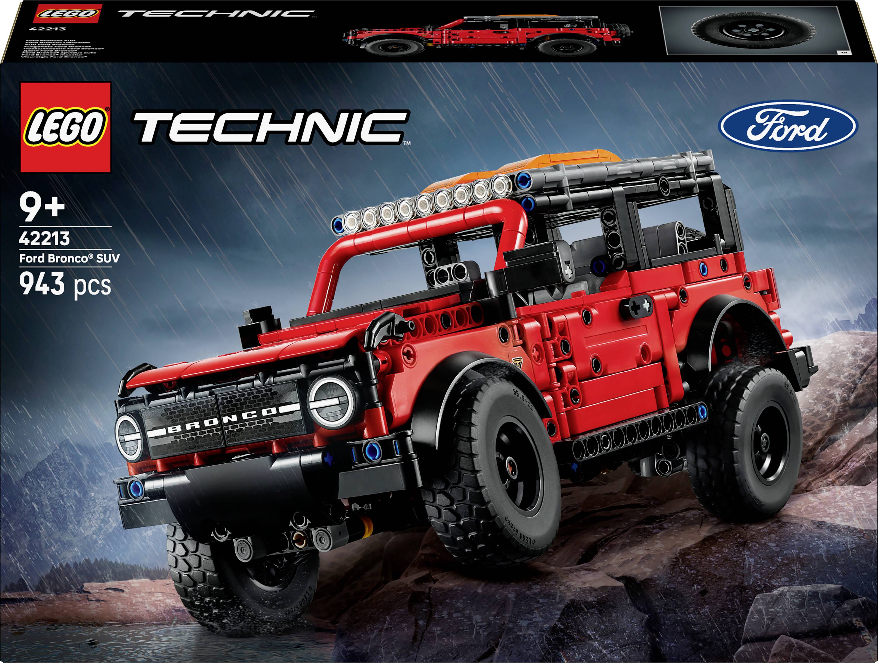 Ensemble de modèle LEGO Technic Ford Bronco, 943 pièces, à partir de 9 ans, boîte représentant un véhicule tout-terrain rouge sur un terrain rocailleux.