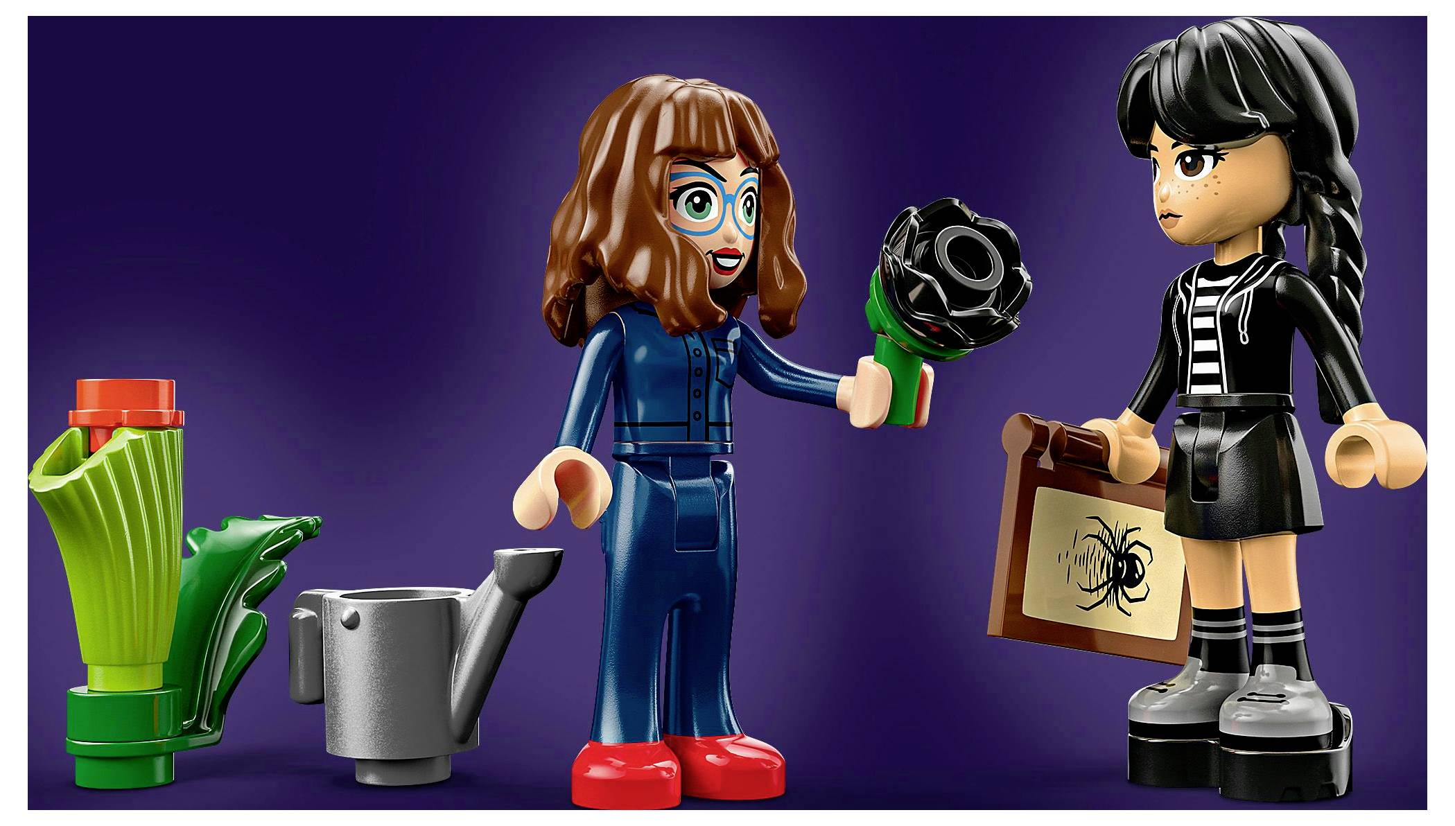 Deux figurines de jouets se tiennent sur un fond violet. L'une tient une fleur noire, l'autre un livre avec une image d'araignée. Des outils de jardin sont disposés à proximité.
