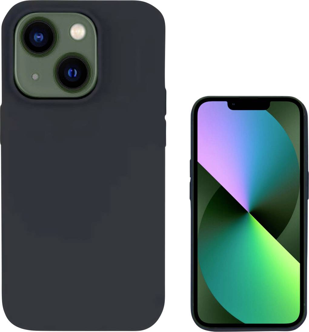 Smartphone noir avec double caméra et étui de protection, l'écran affiche un motif abstrait et coloré.