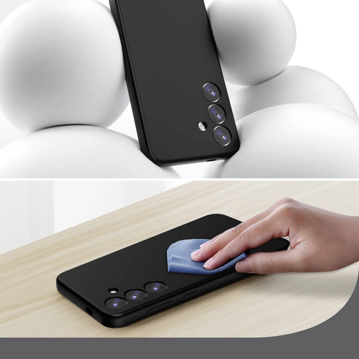 Un smartphone doté de trois caméras à l'arrière est posé sur une table. Une main le nettoie avec un chiffon bleu.